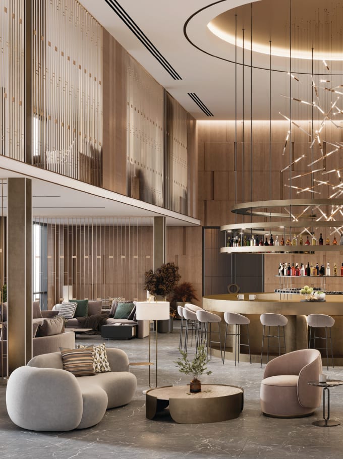 Building lobby featuring furniture next to a food area.