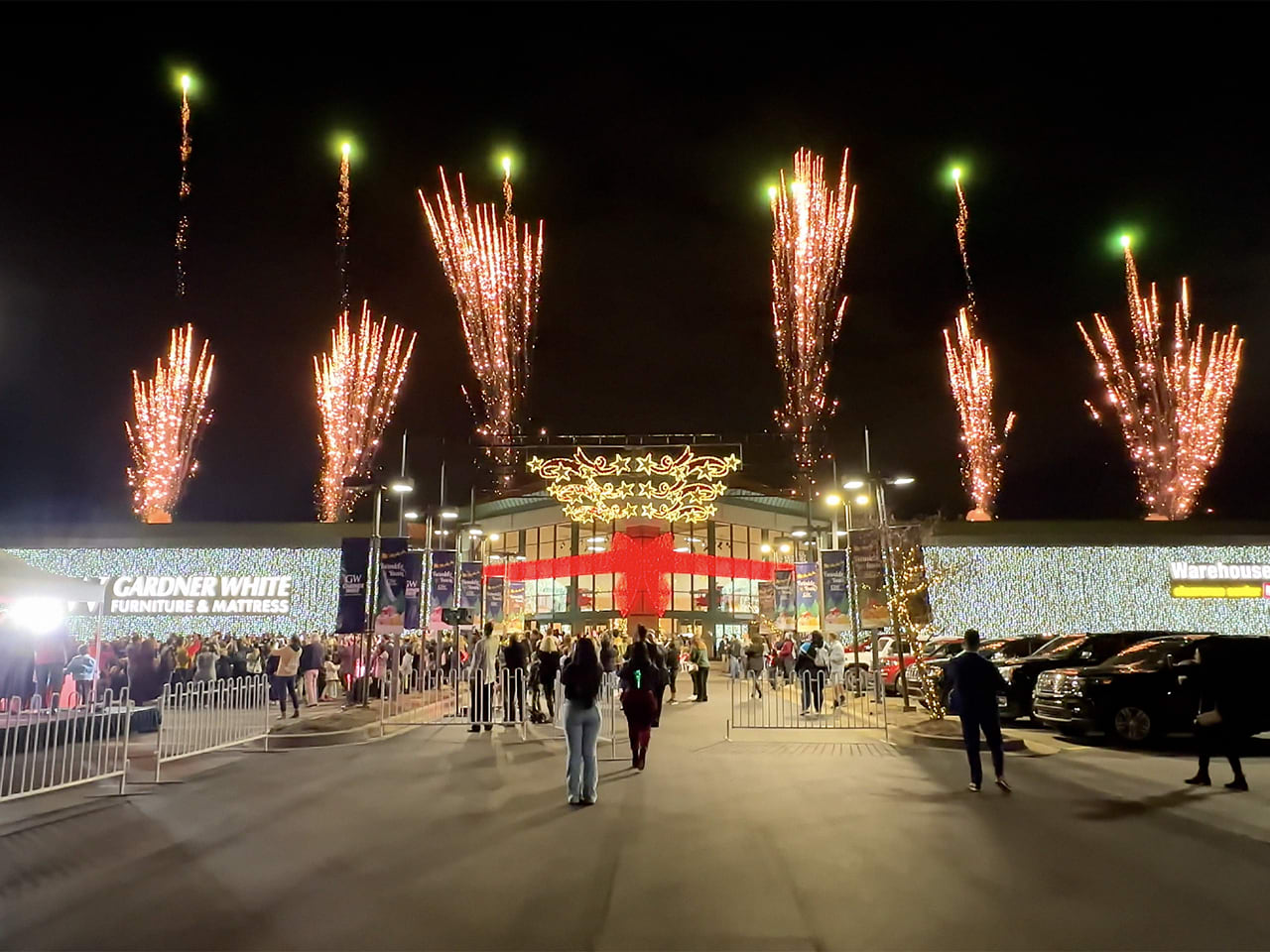 Fireworks outside of a Gardner White store