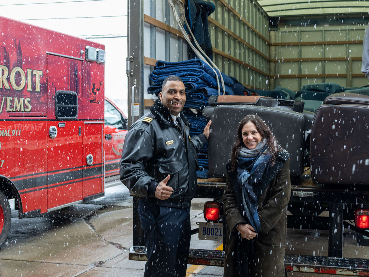 Gardner White CEO Rachel Stewart with Detroit First Responder