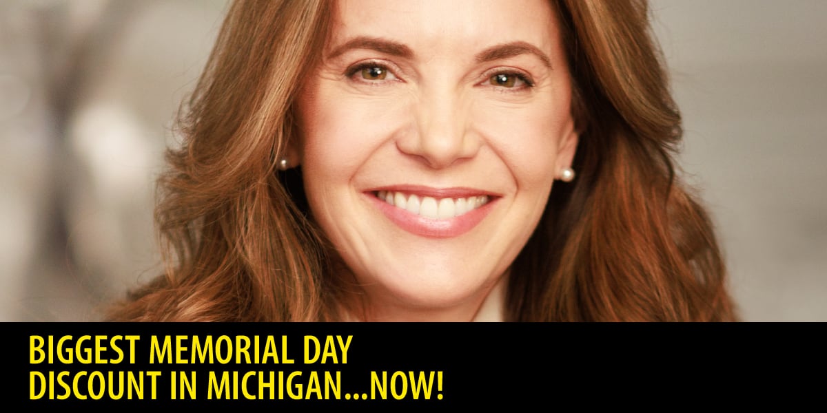 Rachel Stewart, Gardner White's CEO, smiling with the message that the biggest Memorial Day discount in Michigan is at Gardner White.