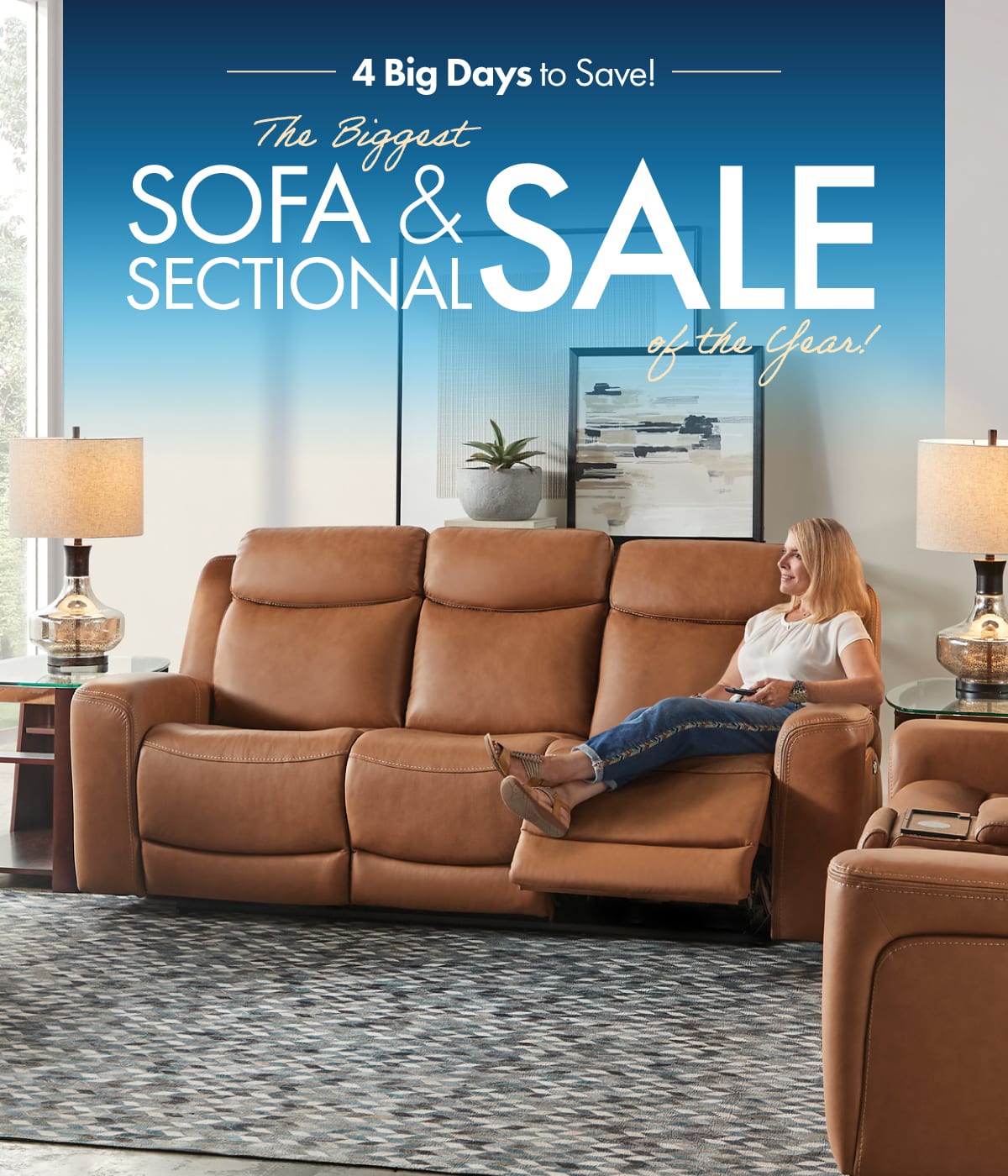 A light brown leather living room set including a loveseat, a recliner, and a sofa with a woman sitting on it with her feet reclined.