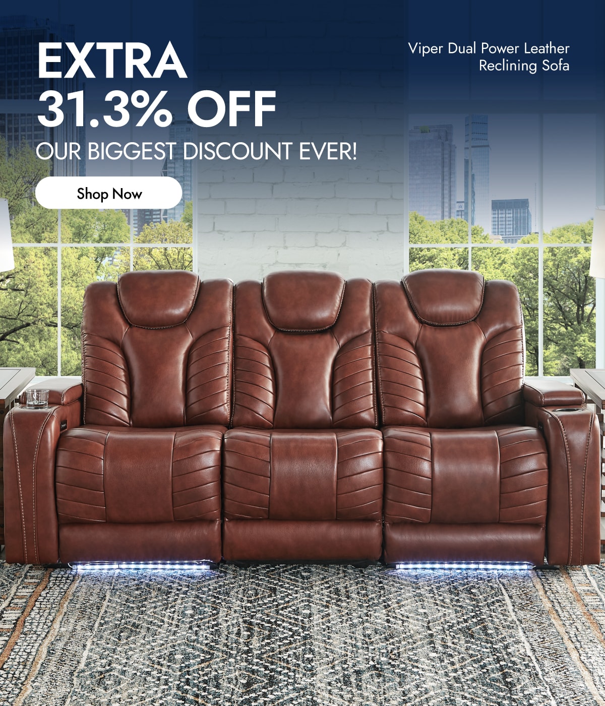 A brown leather reclining sofa with two brown wooden side tables in a living room.