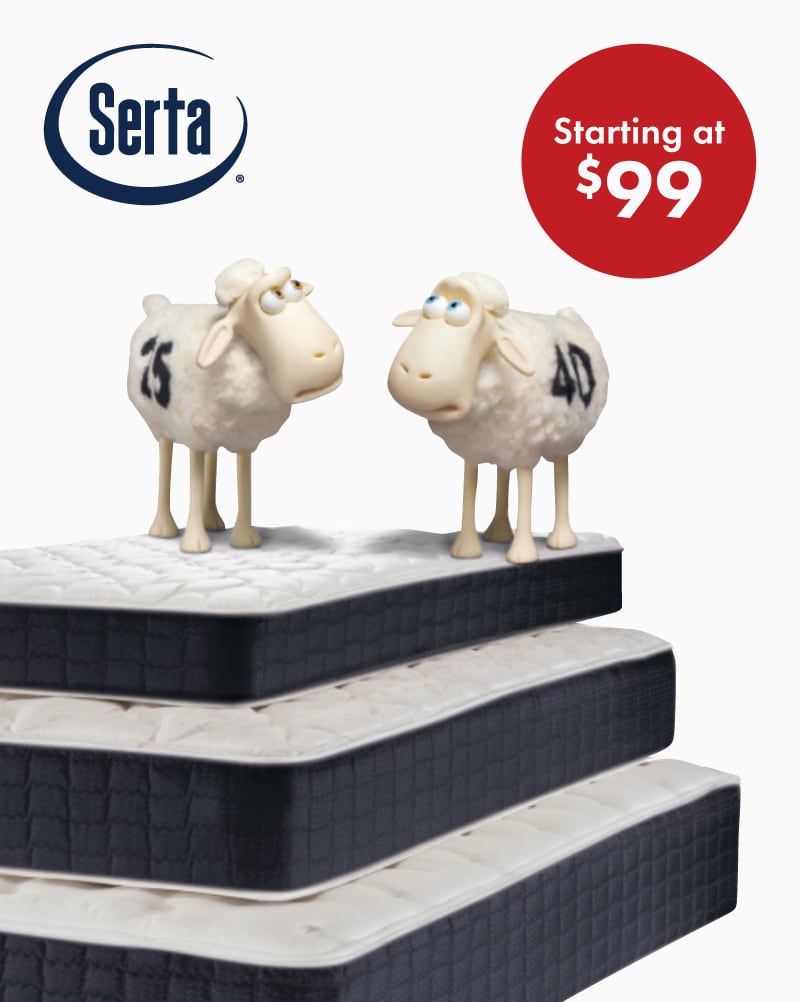 Three Serta mattresses stacked up with two Serta counting sheep atop them.