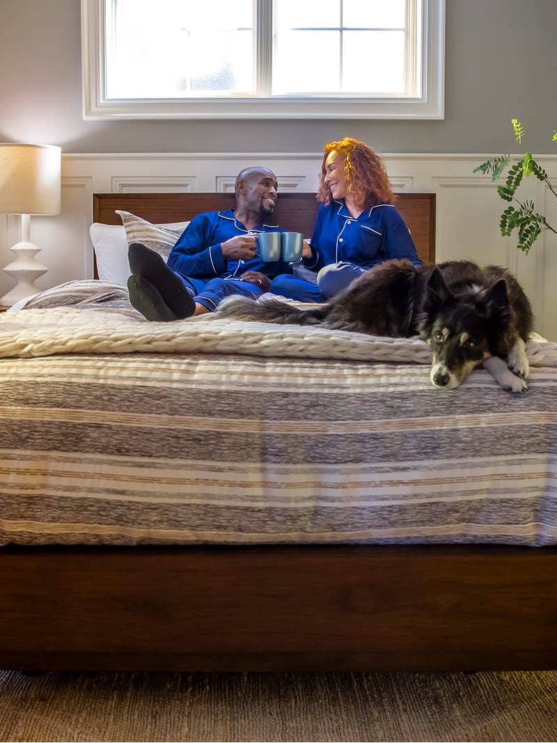 Man and woman sitting on a bed holding coffee mugs with a black and gray dog.