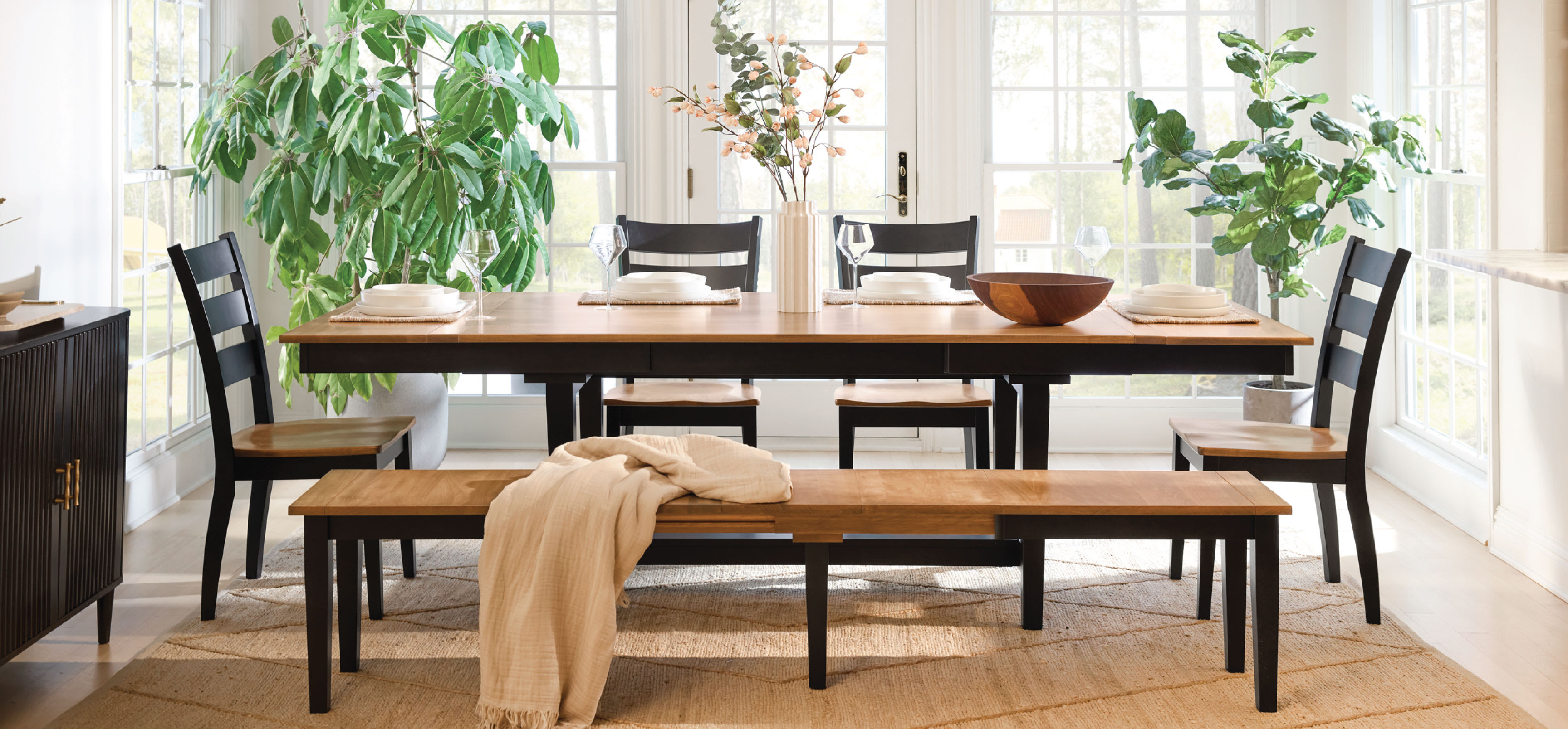 Wooden dining set in a dining room.