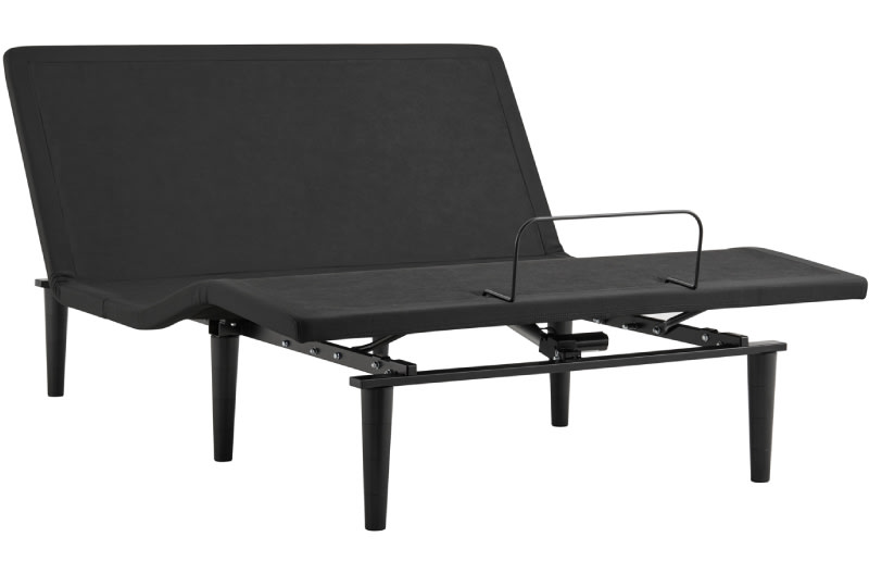 A queen size adjustable base with the head and foot raised.
