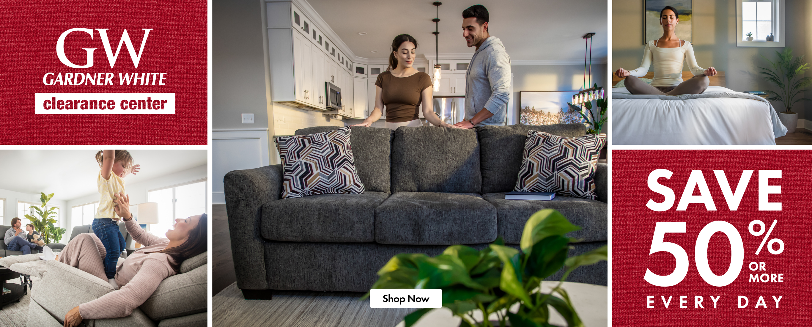 A collage of three images (left to right): a woman and child playing on a light gray upholstered recliner, a man and woman looking at a dark gray couch, and a woman sitting cross-legged on a bed while meditating.