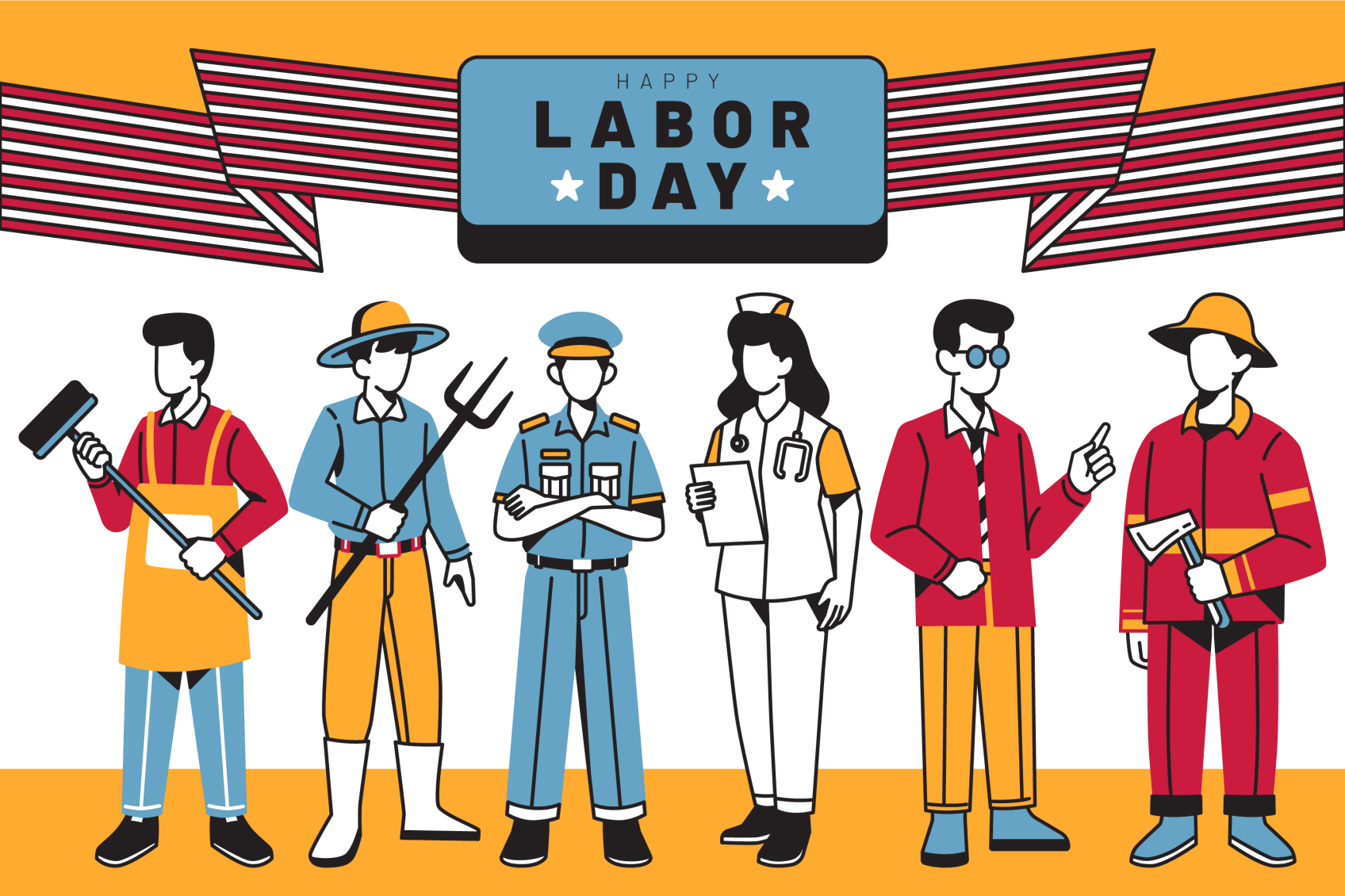 Happy Labor Day banner with several caricatures of working-class Americans