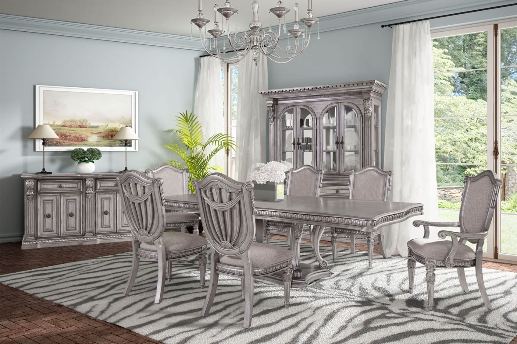 A wooden dining room set painted silver including a table, six matching chairs, a buffet, and a china cabinet.