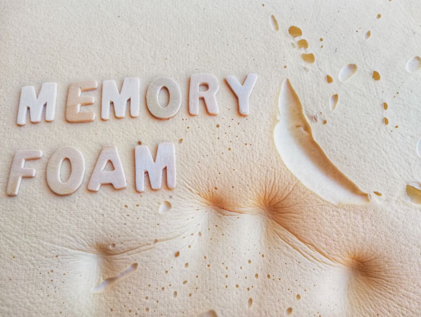 A block of memory foam with letters cut out of memory foam spelling out the words 'memory foam'