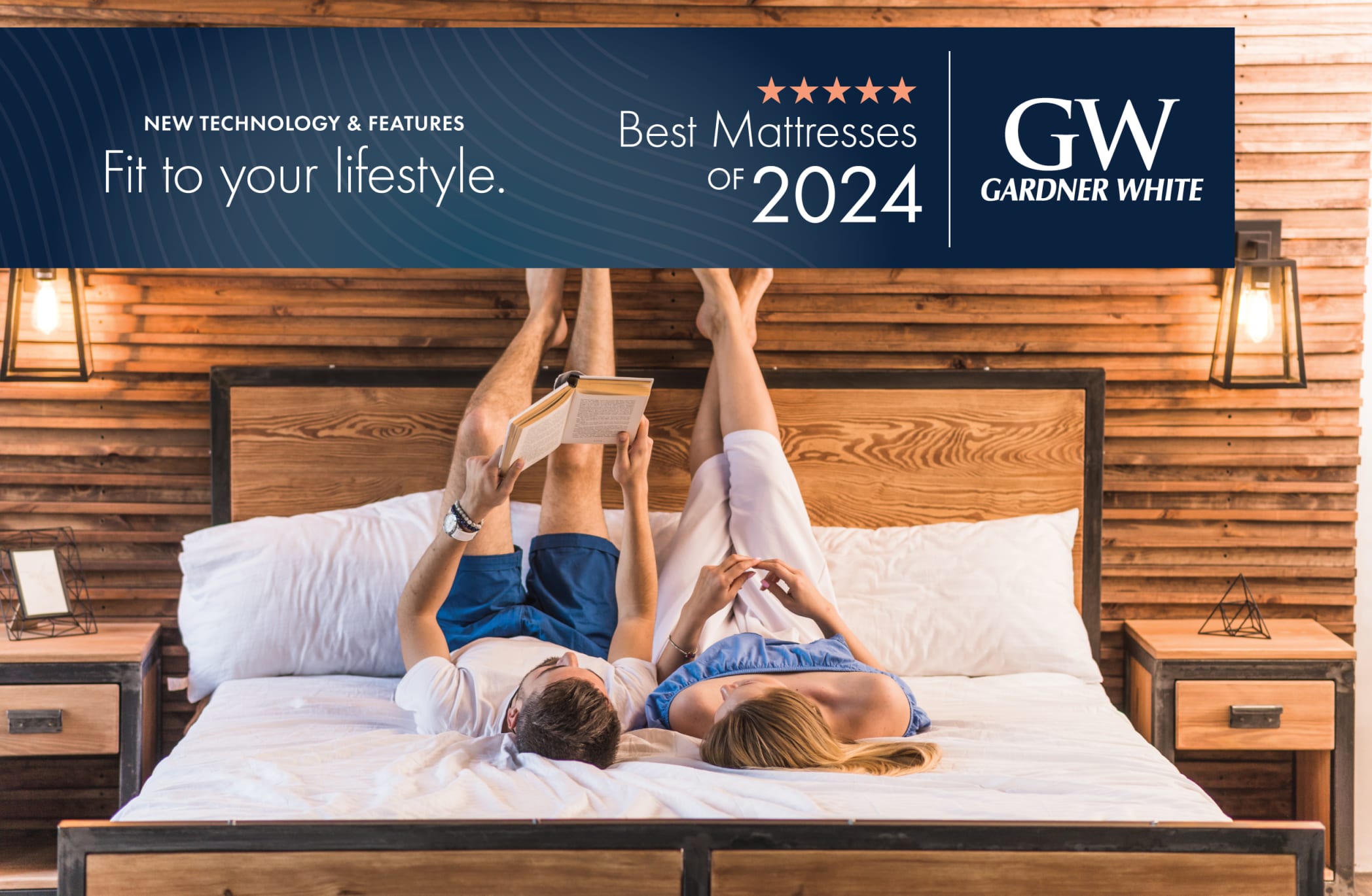 A man and a woman laying on a bed with their legs resting on the wall at the head of the bed and a banner across them that reads 'Best Mattresses of 2024'