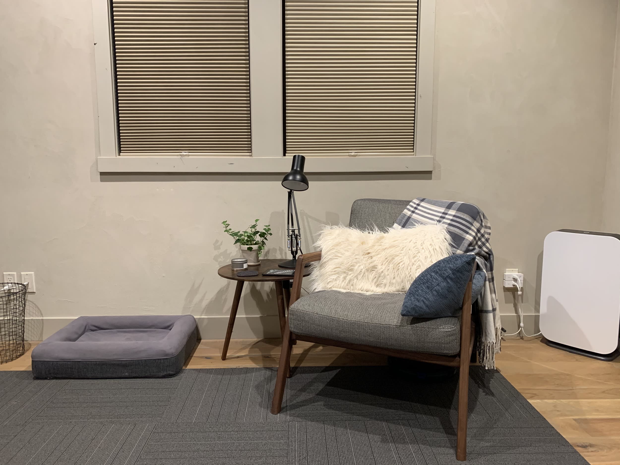A photo of a lounge chair and a small side table with a small plant and reading lamp.