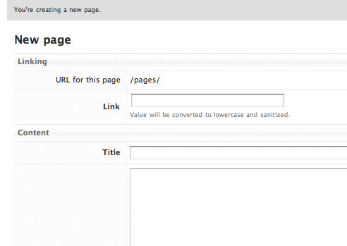 A screenshot of creating a new static page in SimpleLog.