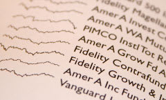 A photo of sparklines from Beautiful Evidence showing a column of sparklines where each sparkline has a label representing a fund and the sparkline itself shows the performance of the fund over time.