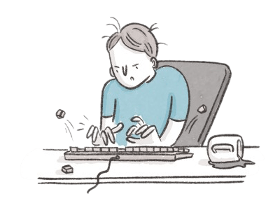 An illustration of someone frantically typing with keys flying off the keyboard and a coffee mug spilled on their desk.