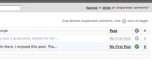 A screenshot of the administrative list of comments.
