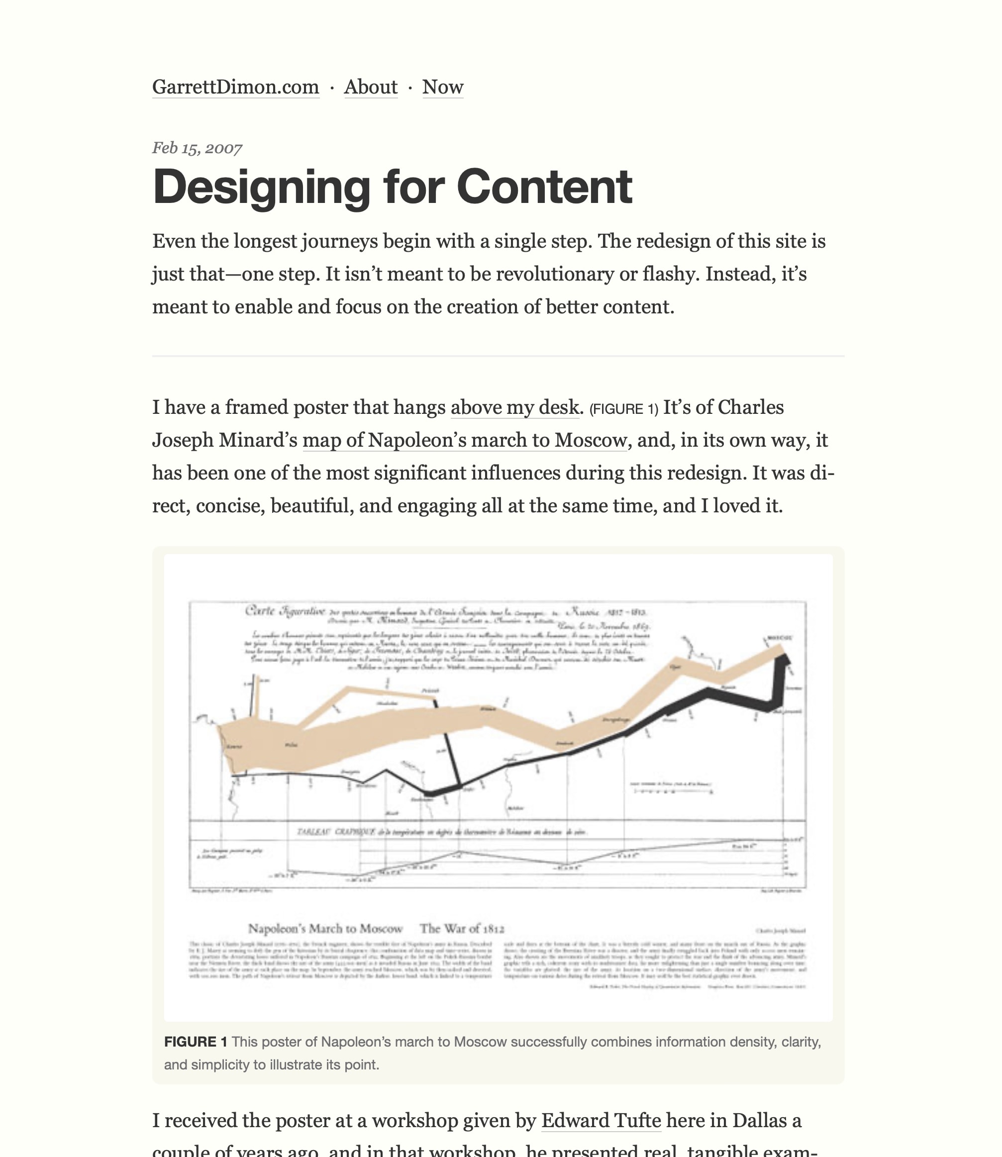 A screenshot of the site from 2022 illustrating the minor design evolution while maintaining a single column of content with a figure element embedded in the text but not floating in the margin.