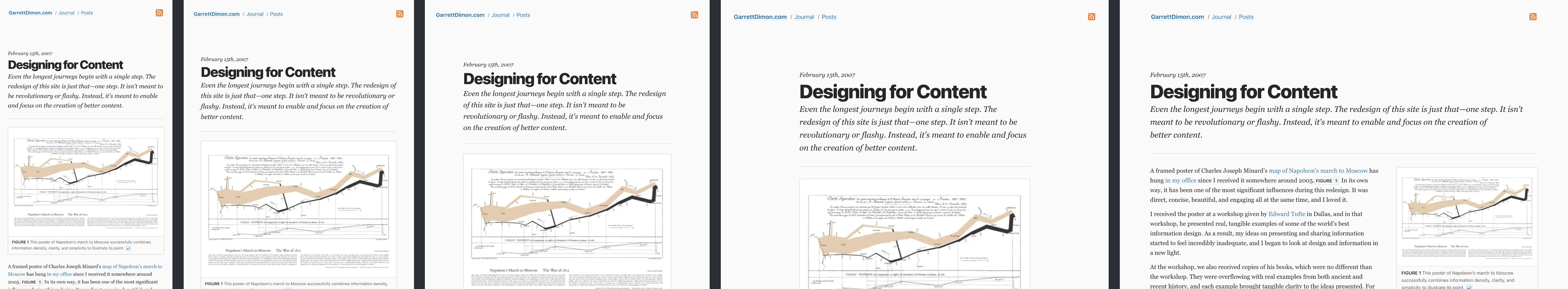 A screenshot of the site viewed at the five different breakpoints that affect content and layout.
