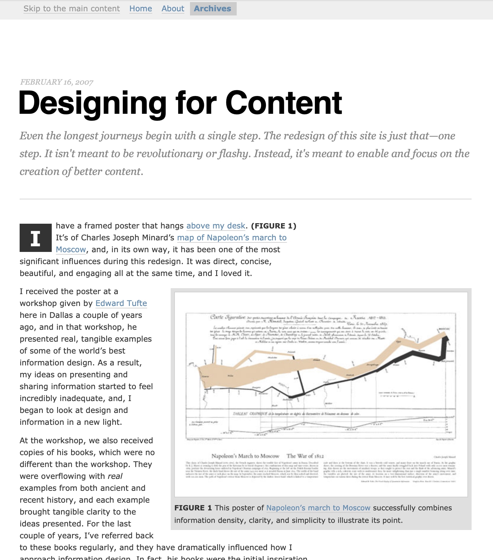 A screenshot of the site from 2007 with a minimal design and a single column of content with a figure element embedded and floated to the right of the text.