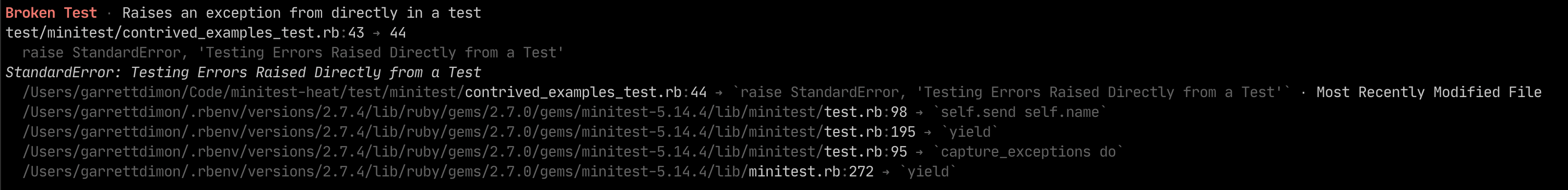 A screenshot of the details for a test where the test code raised an exception.