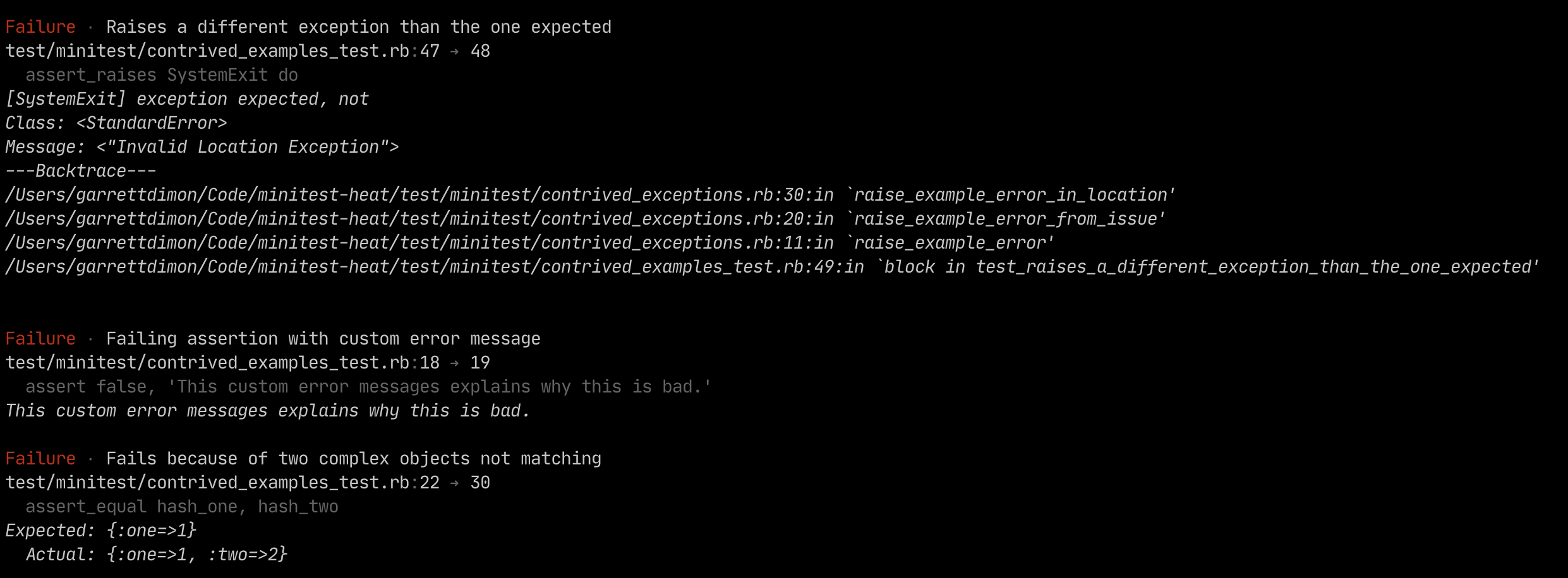 A screenshot of the details for a test where the assertion failed under normal circumstances. It shows failing examples of `assert_raises`, `assert` with a custom message, and `assert_equal`.