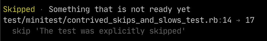 A screenshot of a skipped test result with source code for the skip shown at the bottom.