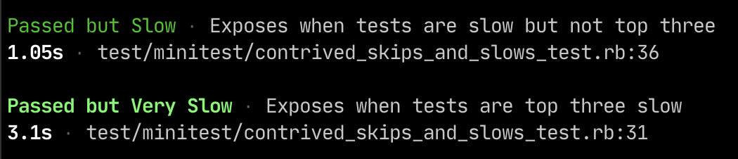 A screenshot showing the details of a slow test and a 'painfully' slow test with the time each test took displayed out to the side.