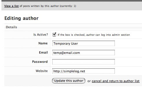 A screenshot of editing an author in SimpleLog.