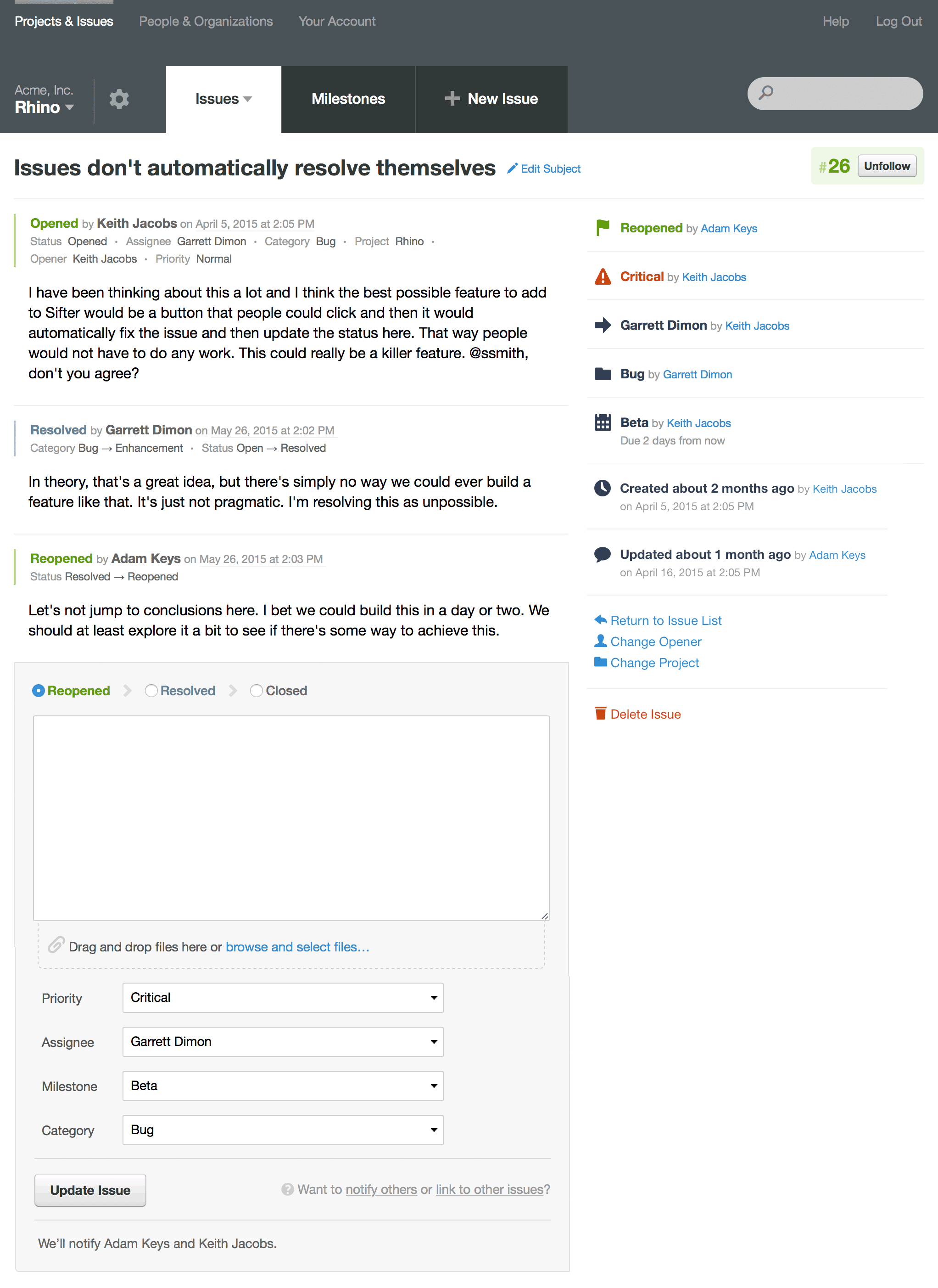 A screenshot of a simple two-column issue detail where the conversation and change history filled the larger left column and the status, priority, assignee and other key metadata each received a custom visual treatment to provide a sort of at-a-glance visual signature for the overall state of the issue.