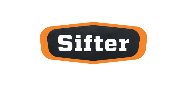 The primary Sifter mark is an oblong shape with a thick orange border and a black interior with the name written in a white, slab serif typeface.