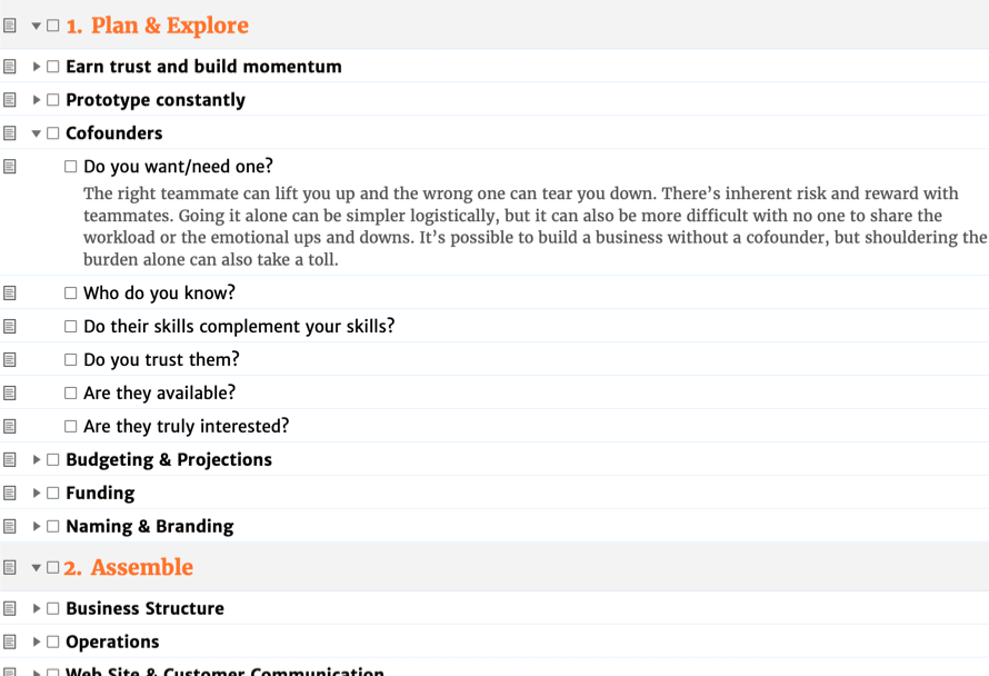 A screenshot of the HTML version of the checklist with expandable and collapsible sections.