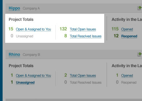 A view of the dashboard with the project totals area highlighted.