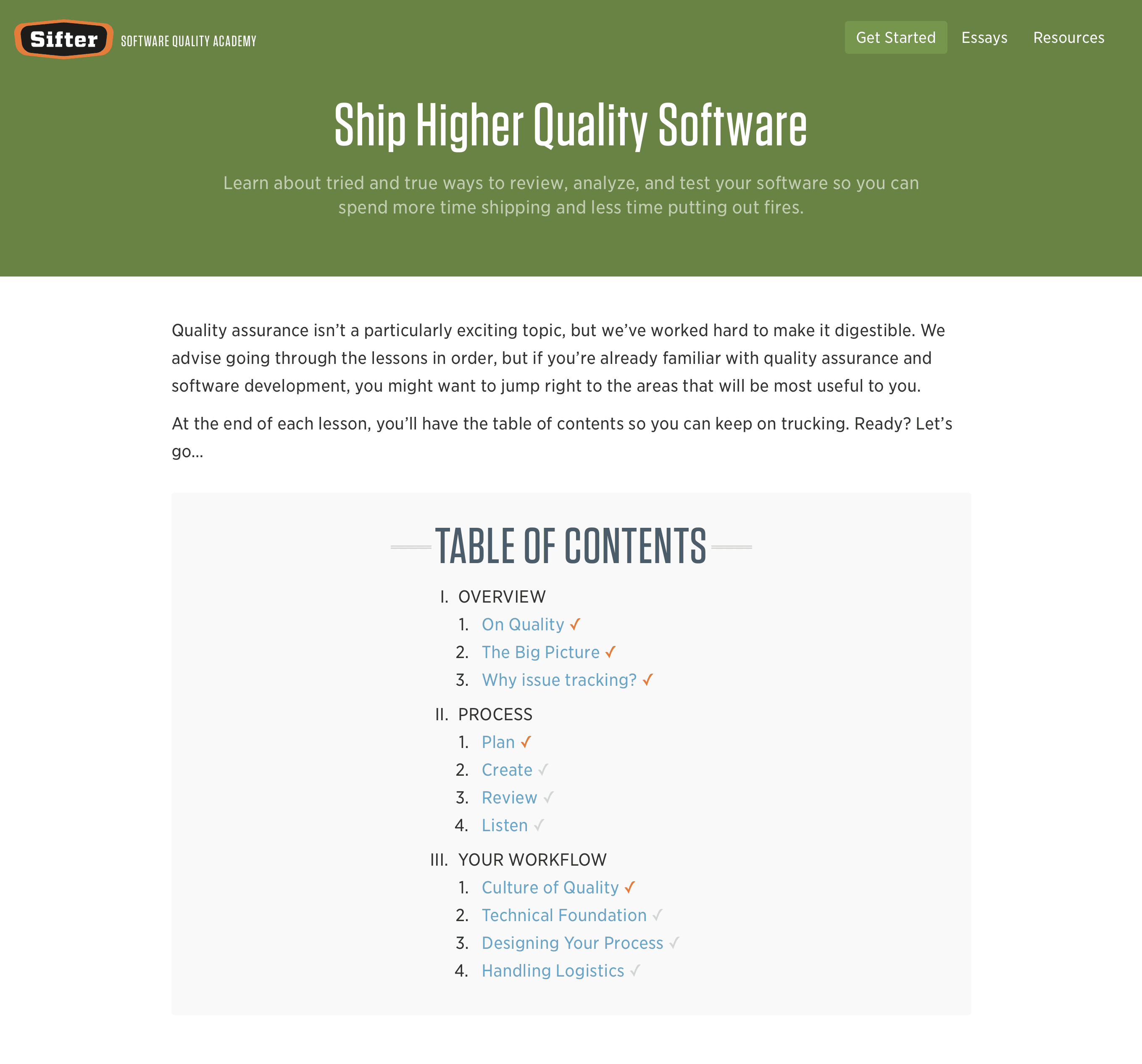 A screenshot of the starting page for the Software Quality Academy With a table of contents.
