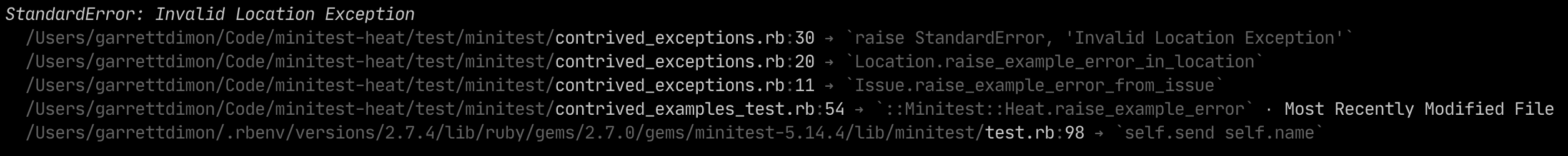A screenshot of a stack trace from Minitest Heat with the description and then a selected set of lines with the relevant file names and line numbers highlighted and the source code from the location displayed next to it.
