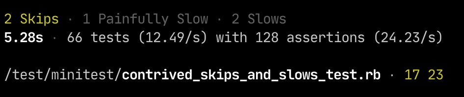 A screenshot of the summary of the test run showing counts only for skips and slows since there are no failures. The performance information and heat map are displayed as well.