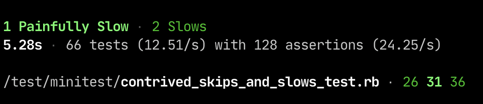A screenshot of the summary of the test run showing counts only for slows since there are no failures or skips. The performance information and heat map are displayed as well.