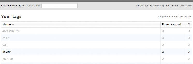 A screenshot of the tags list in the administrative section of SimpleLog