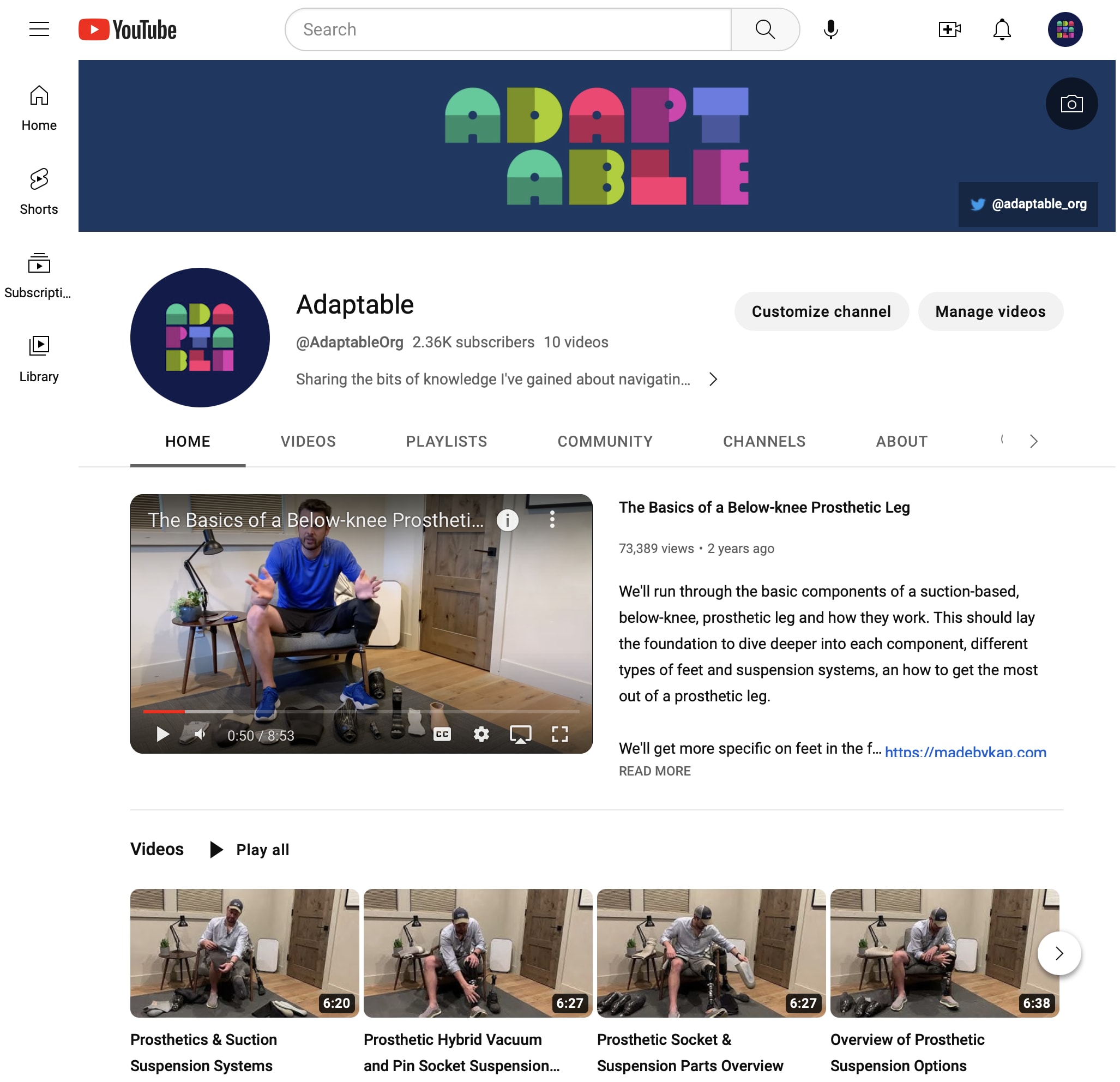 A screenshot of the Adaptable YouTube channel