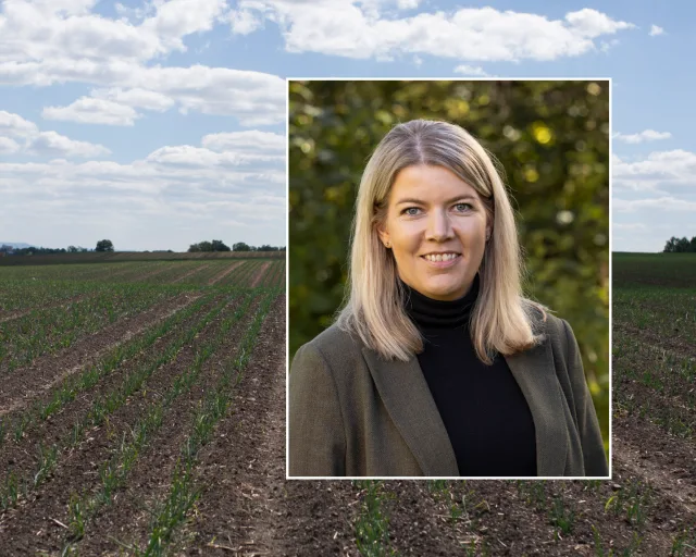 Portrettbilde av Gunn Jorunn Sørum over bilde av løkåker på Stange