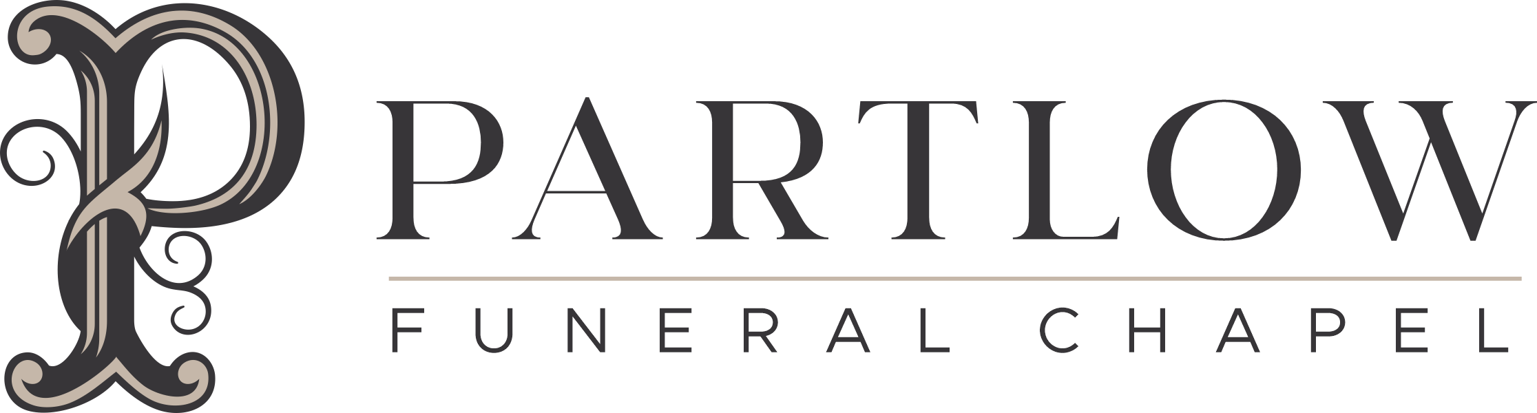 Parlow Funeral Chapel logo with ornate P and serif lettering on a light background