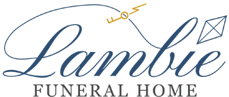 Lambie Funeral Home logo with blue script text and gold accent line on a white background