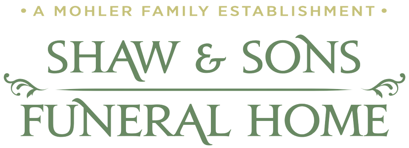 Logo for Shaw & Sons Funeral Home; olive green text with decorative flourishes.