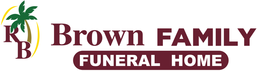 Brown Family Funeral Home logo with palm tree and maroon lettering on a white background