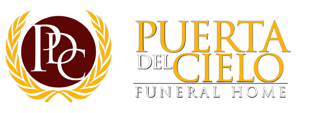 Puerta del Cielo Funeral Home logo with maroon and gold emblem and text