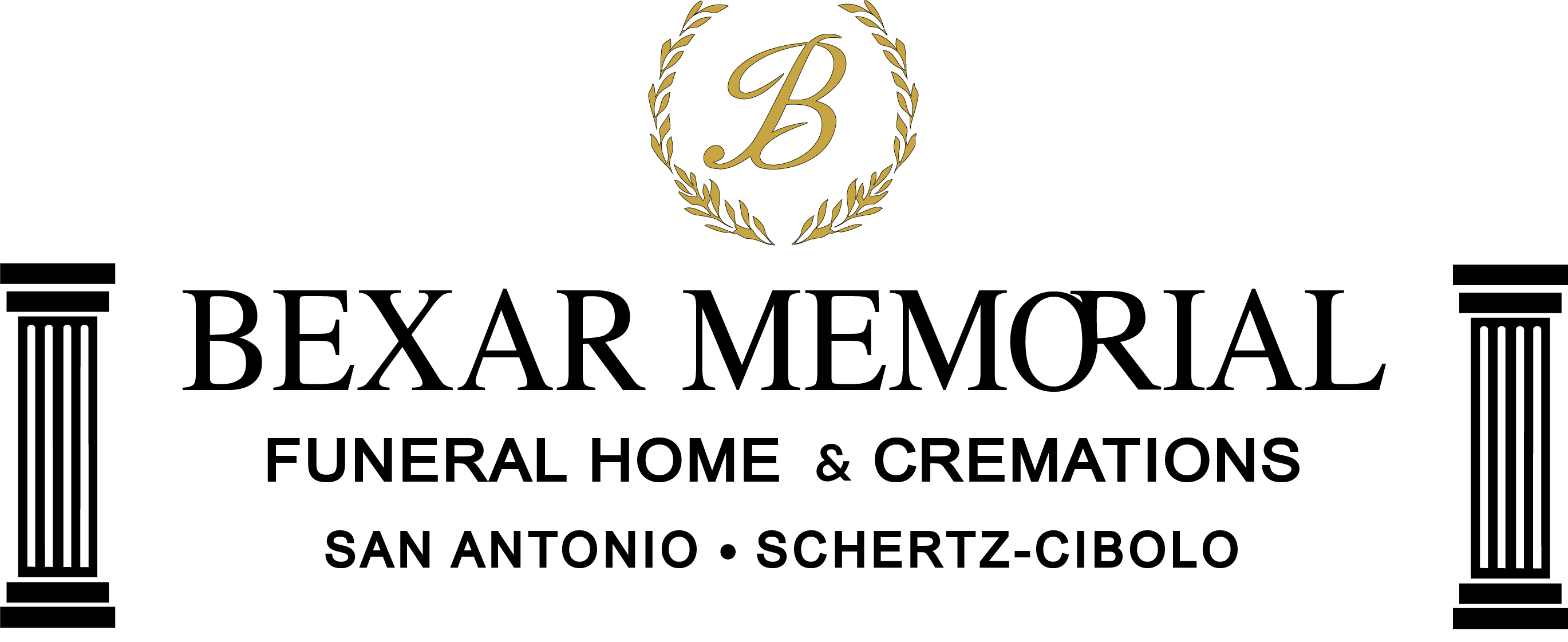 Logo for Bexar Memorial Funeral Home & Cremations, featuring a circular crest with a 'B' and two side columns.