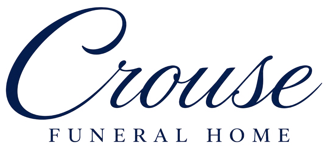Crouse Funeral Home logo in dark blue script with decorative flourish on white background
