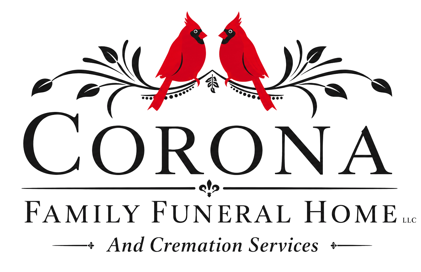 Corona Family Funeral Home and Cremation Services logo with two red cardinals on branches