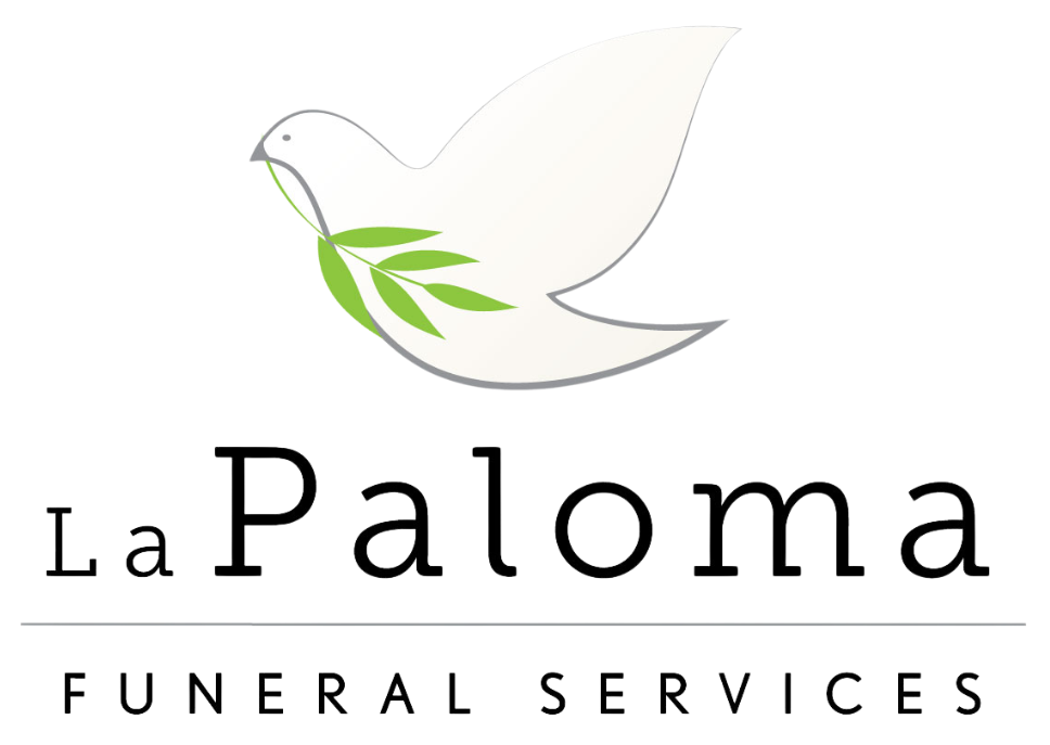 Logo for La Paloma Funeral Services, featuring a white dove holding a green olive branch above the company name.