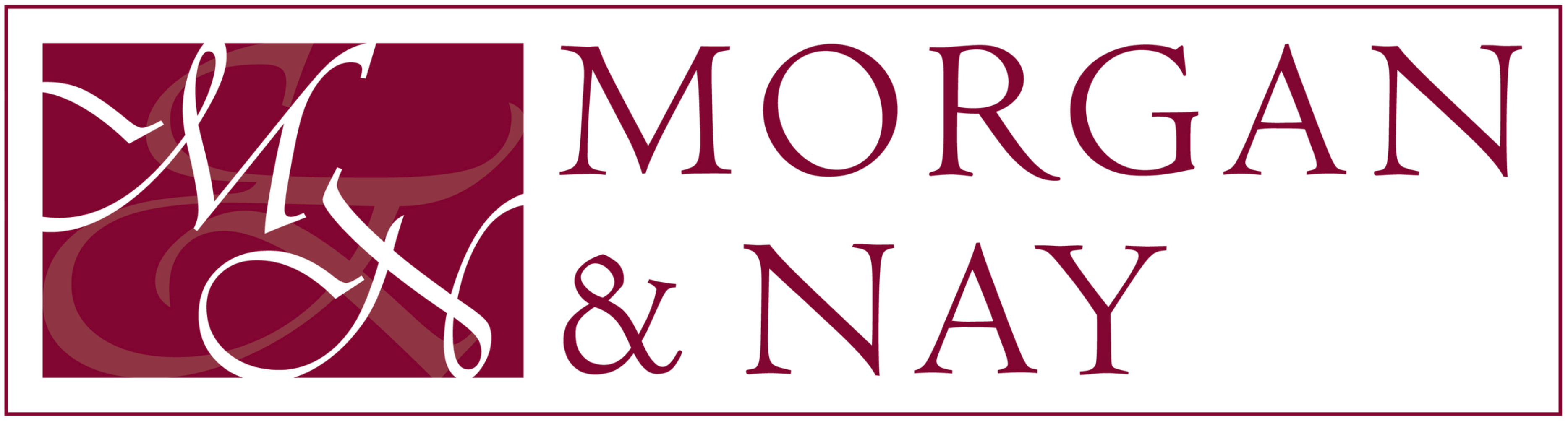 Morgan & Nay logo in burgundy and white with stylized initials and floral design
