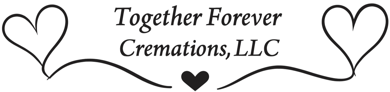 Logo: blue pets (cat, dog, hamster) with halos and wings, "Together Forever Cremations" text.